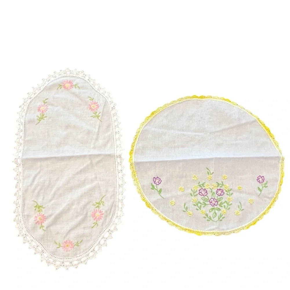 Handmade Embroidered Dresser Scarf Set Of 2 Crochet Trim Floral Colorful‎